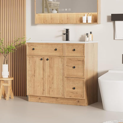LUCKWIND 36" Bathroom Vanity Sink Combo, Modern Bathroom Cabinet with Undermount Solid Surface Vanity Sink, Soft-Close Hinges & Water-Saving Faucet, Natural
