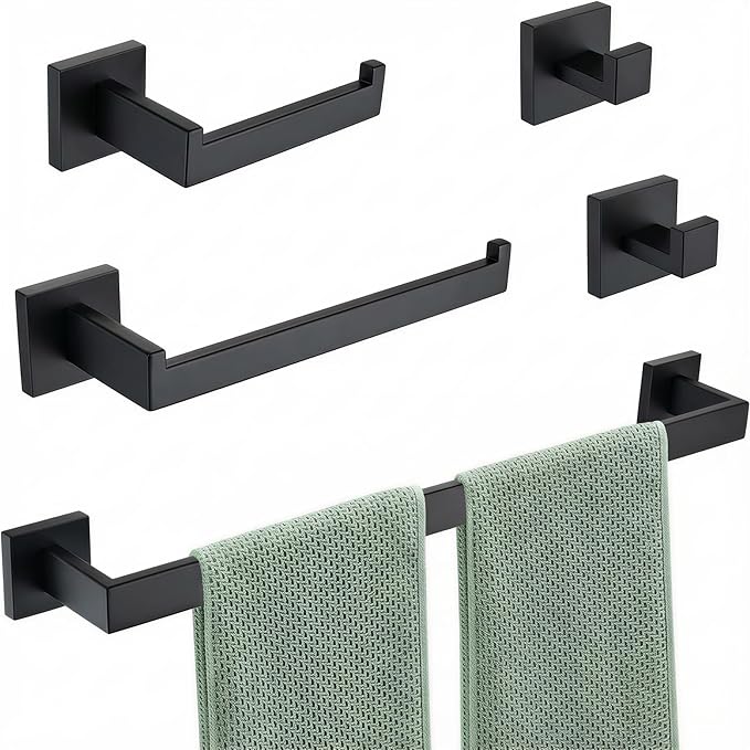 5-Piece Bathroom Hardware Set, 23.6 in Towel Bar, Matte Black | 304 stainless steel, towel ring, toilet paper holder, 2 robe hooks, wall-mounted, installation hardware included