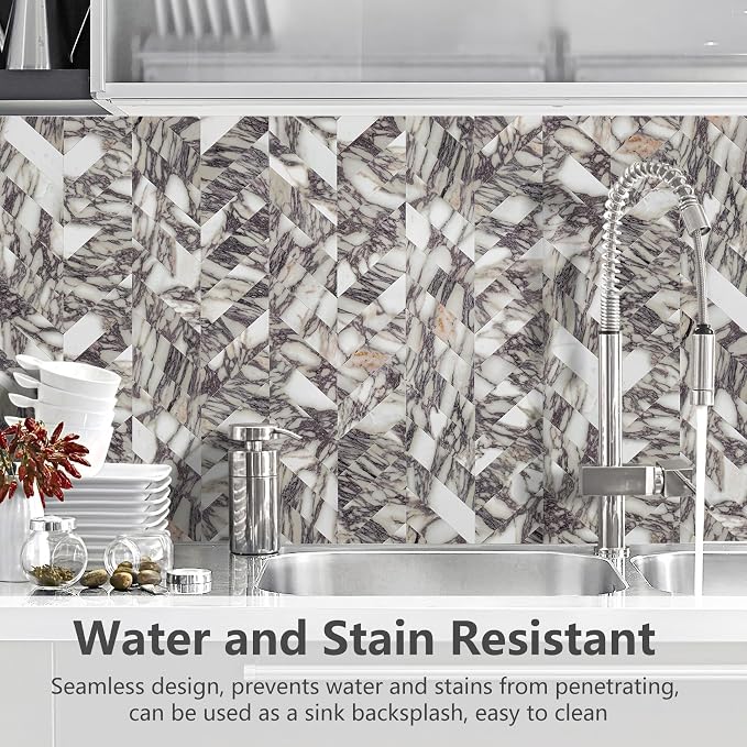 STICKGOO Herringbone Tile Peel and Stick Backsplash for Kitchen&Bathroom | 10-Sheet Self Adhesive Wall Tiles, Bulgari Purple Marble PVC Stick on Backsplash Tile for Kitchen,Bathroom