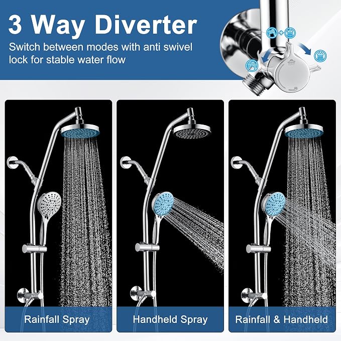 BRIGHT SHOWERS Rain Shower Head with Handheld Combo, Dual Shower System with Slide Bar, Rain Shower System, Adjustable Height, Brass Slide Bar & Diverter, 60 Inch Stainless Steel Hose, Chrome