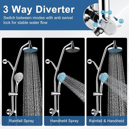 BRIGHT SHOWERS Rain Shower Head with Handheld Combo, Dual Shower System with Slide Bar, Rain Shower System, Adjustable Height, Brass Slide Bar & Diverter, 60 Inch Stainless Steel Hose, Chrome