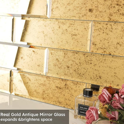 Peel and Stick Beveled Mirror Tile, Light Antique with Gold, 4x12 Inch, Mirror Backsplash for Kitchen Bar Bathroom Wall Tile (5 Sq.ft, 15 Pcs)