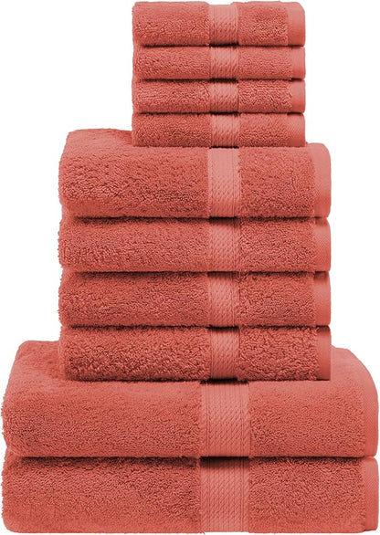 SUPERIOR Egyptian Cotton Ultra Plush & Absorbent, 10 Piece Set, Coral | Quick Dry, Soft Luxury Towel Set, Bath Essentials, Guest Bath, Spa, 2 Bath, 4 Hand, 4 Face Towels, Madeline Towels