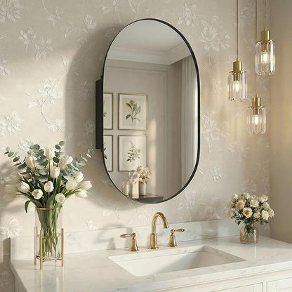 Casaphoria 38" H x 22" W Ellipse Wall Medicine Cabinets Mirrors, Bathroom Medicine Cabinet with Mirror, Metal Frame Wall Mirror Cabinet, Black I