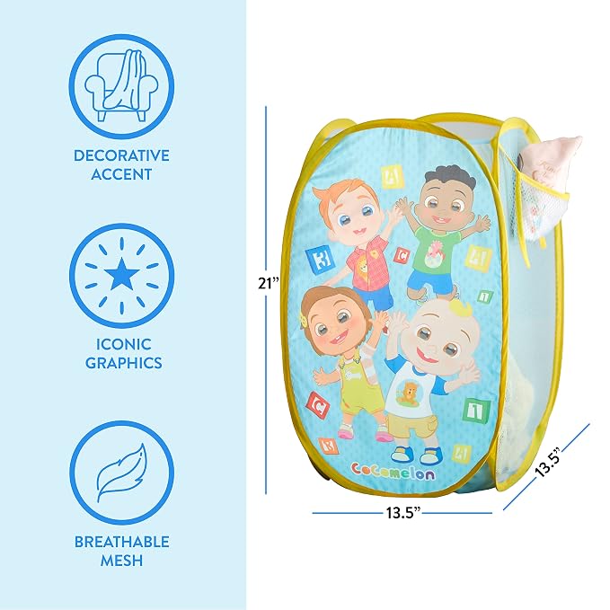 Cocomelon Pop-Up Hamper with Durable Carry Handles, Kids Laundry & Room Storage Organizer, 21”H x 13.5”W x 13.5”L