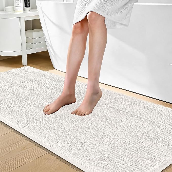 OLANLY Thick Bathroom Runner Rugs 70x24, Chenille Long Bath Rugs, Ivory | Soft Absorbent Striped, Rubber Backing, Machine Wash, Bath Mats for Bathroom Floor, Tub and Shower, Home Decor Accessories