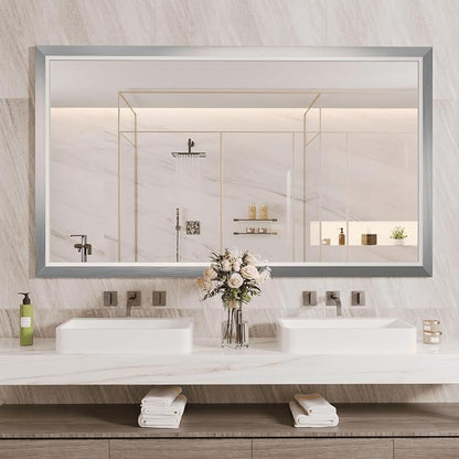 Bathroom Mirror for Wall, 55x32 Inch (Brushed Silver) | HD Reflection, Tempered Glass, Thick Metal Framed Rectangle Mirrors for Over Sink, Bedroom, Living Room, Entryway, Anti-Rust.