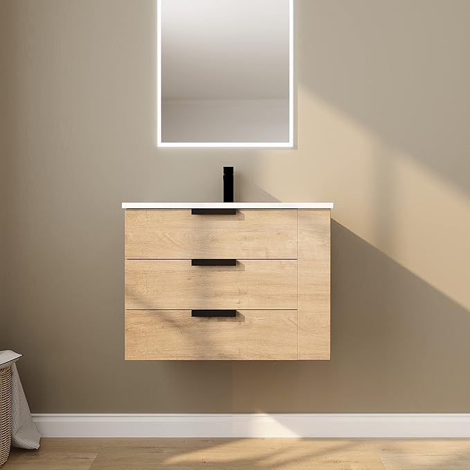 30" Bathroom Vanity with Sink, Floating Bathroom Vanity,Modern Vanity Bathroom,Wall-Mounted Bathroom Vanity with Top Basin & Storage Cabinet,Brown, 3 Drawers&3 Shelves