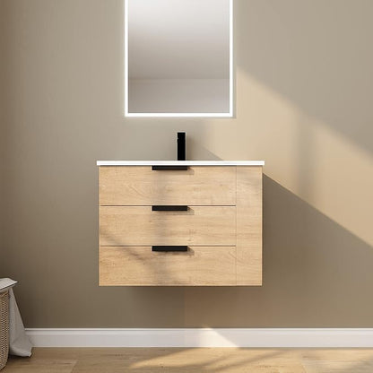 30" Bathroom Vanity with Sink, Floating Bathroom Vanity,Modern Vanity Bathroom,Wall-Mounted Bathroom Vanity with Top Basin & Storage Cabinet,Brown, 3 Drawers&3 Shelves