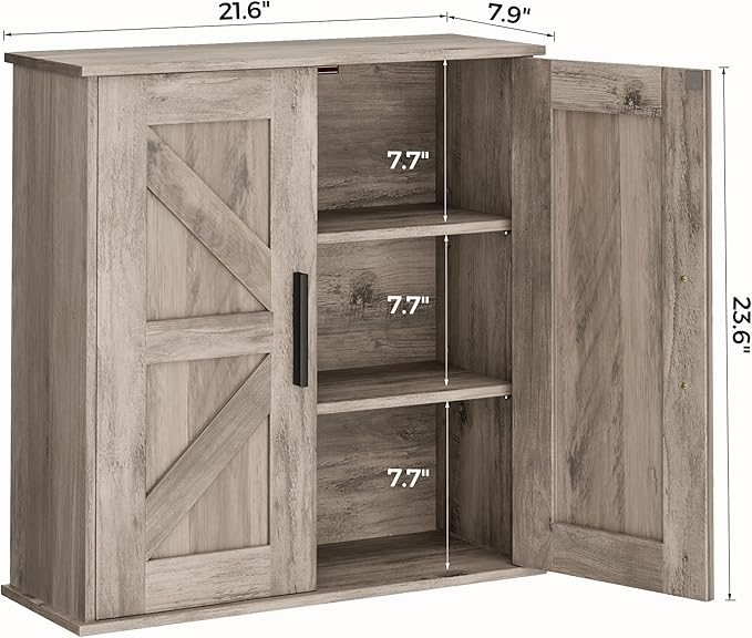Bathroom Wall Cabinet, Over Toilet Storage Cabinet with Barn Doors and Adjustable Shelves, 3-Tier Medicine Cabinet Wall Mounted, for Bathroom, Kitchen, Entryway, Laundry Room, Greige, (7.9" D)