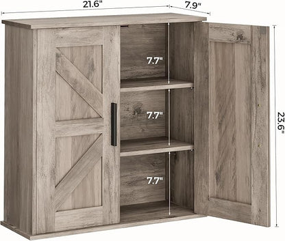 Bathroom Wall Cabinet, Over Toilet Storage Cabinet with Barn Doors and Adjustable Shelves, 3-Tier Medicine Cabinet Wall Mounted, for Bathroom, Kitchen, Entryway, Laundry Room, Greige, (7.9" D)