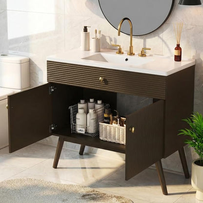 36 Inch Luxury Striped Dark Brown Vanity with Premium Ceramic Sink, Modern Bathroom Storage Cabinet with Soft-Close Dual-Door Storage, Freestanding Sink Vanity for Space Saving (Dark Brown, 36")