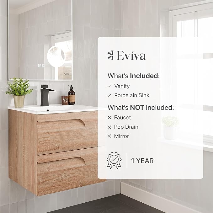 Eviva Joy 24 in. Maple Wall MountSingle Sink Bath Vanity with Porcelain Top and Integrated Sink