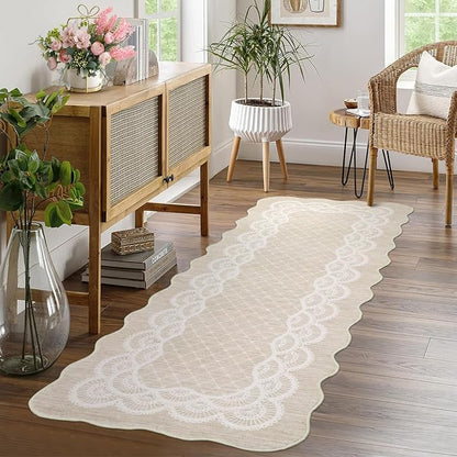 GarveeHome Hallway Rug 2x6 Scalloped Kitchen Runner Rug, Non-Slip Modern Bordered Bedside Rug, Non-Shedding Scalloped Carpet Runner for Laundry Room, Bedroom, Living Room, Beige