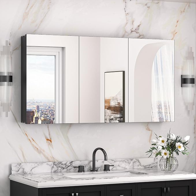 Keonjinn 48" x 26" Black Medicine Cabinet Mirror, Freely Adjustable Shelves | Assembly Required, Lightweight Aluminum, Safe Tempered Glass, Surface Mount or Recessed, Large Bathroom Mirror with Storage