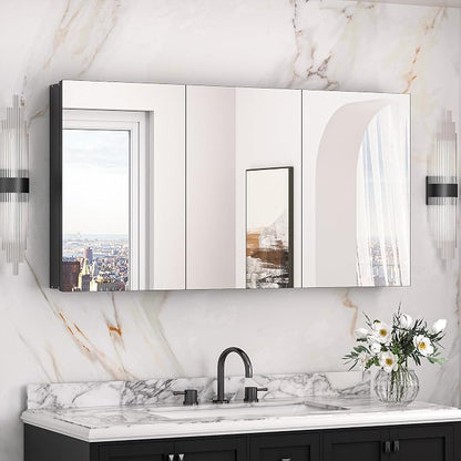Keonjinn 48" x 26" Black Medicine Cabinet Mirror, Freely Adjustable Shelves | Assembly Required, Lightweight Aluminum, Safe Tempered Glass, Surface Mount or Recessed, Large Bathroom Mirror with Storage