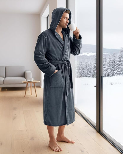 NY Threads Mens Robe with Hood, Luxury Plush Fleece Hooded Mens Bathrobe, Spa Bath Robe for Men