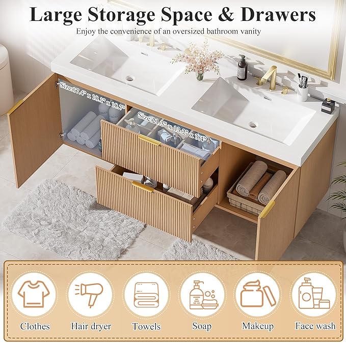60" Bathroom Vanity with Sink Combo, Floating Double Sink Bathroom Vanity with SMC Resin Top, MDF Cabinet with Solid Wood Frame, Wall-Mounted Bath Room Vanities for Large Bathrooms, Wood