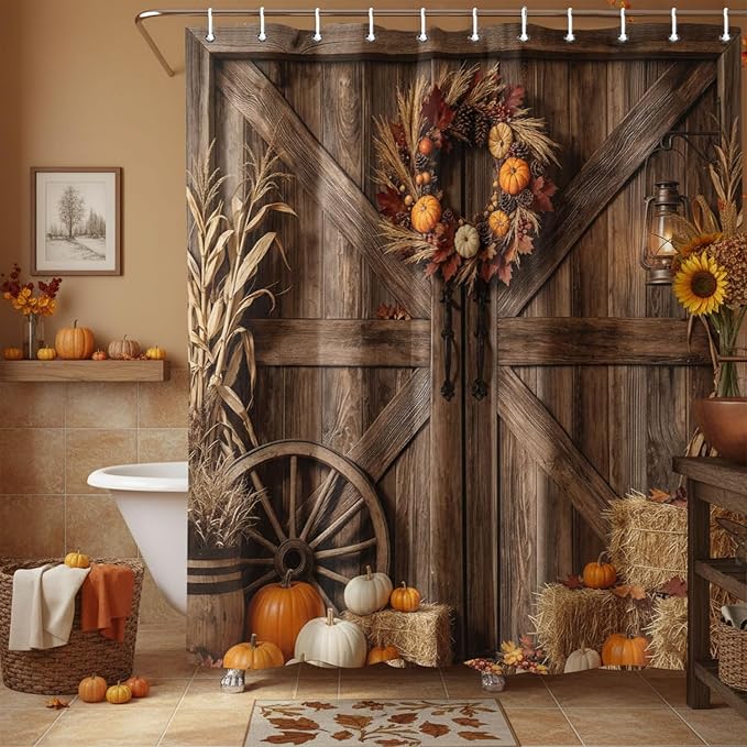 Fall Rustic Barn Door Shower Curtain, Autumn Thanksgiving Pumpkin Farmhouse Brown Wood Board Shower Curtain Set Bathroom, Western Farm Harvest Fabric Bath Decor with Hooks,70X75IN