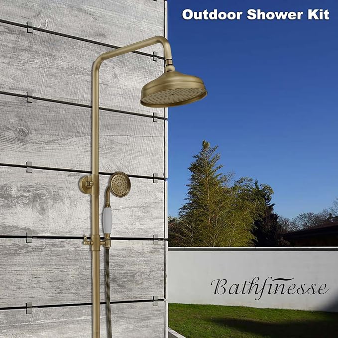 Outdoor Shower Features, Exposed Shower System 3 Function | 8 Inch Rain Shower Head,Handheld Shower Head & Tub Spout,Solid Brass,Dual Handle,High Pressure,Wall Mounted,Antique Brass