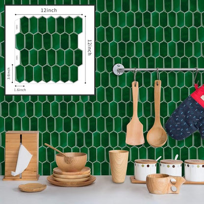 10-Sheet Long Hexagon Peel and Stick Kitchen Backsplash Tiles | 3D Waterproof Self-Adhesive Wall Tile Stick on Backsplash for Kitchen, Bathroom, Fireplace,RV(Emerald Green,12"×12")