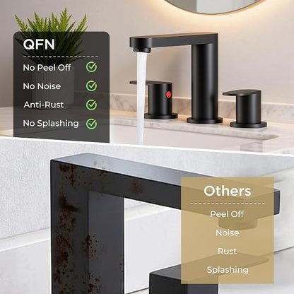 QFN Bathroom Faucet 3 Hole 8 Inch Widespread Vanity Sink Faucet Matte Black | 304 Stainless Steel Bathroom Sink Faucet with Pop-up Drain, 6-12 Inch 3 Hole Install, for RV Laundry Farmhouse Restroom Sink