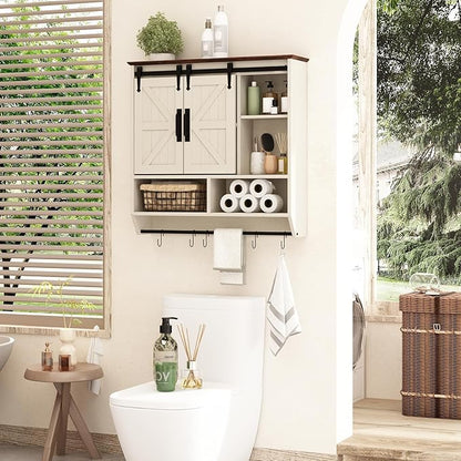 RUSTOWN Farmhouse Bathroom Wall Cabinet,3-Tier Rustic Wood Wall Mounted Cabinets,Vintage Medicine Cabinet with Sliding Barn Door and Adjustable Shelves,Over The Toilet Storage Cabinet (Vintage White)