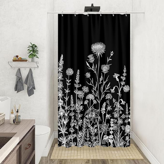 Vintage Black and White Boho Shower Curtain, Black and White Dark Floral Aesthetic Dark Wildflower Botanical Flowers Shower Curtain for Bathroom with Hook,Farmhouse Plant Art Chic Shower Curtain 36X72