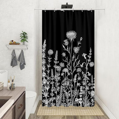 Vintage Black and White Boho Shower Curtain, Black and White Dark Floral Aesthetic Dark Wildflower Botanical Flowers Shower Curtain for Bathroom with Hook,Farmhouse Plant Art Chic Shower Curtain 36X72