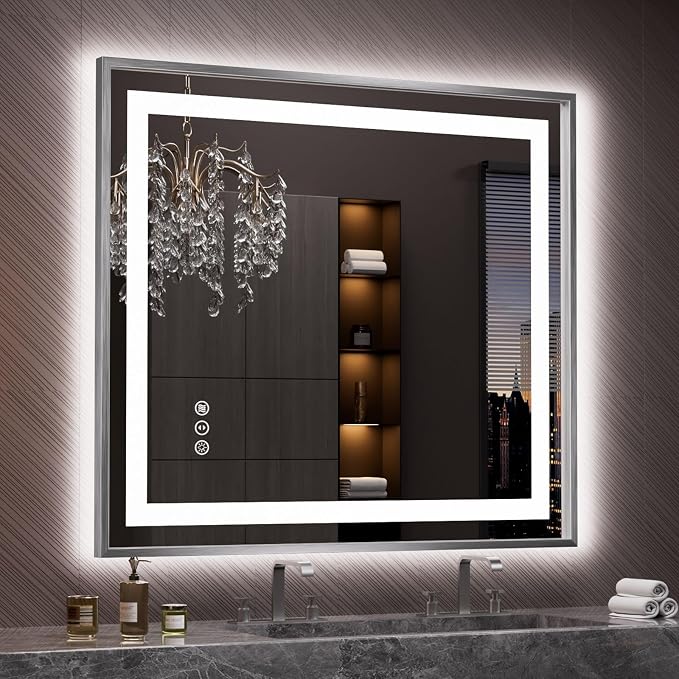 LED Bathroom Mirror 40"X36", Front Light and Backlit(Brushed Silver) | Metal Framed Mirror, Stepless Dimmable, Anti-Fog, HD Reflection, Shatter-Proof, Memory, 3 Colors, Double LED Vanity Mirror.
