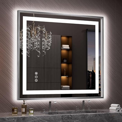 LED Bathroom Mirror 40"X36", Front Light and Backlit(Brushed Silver) | Metal Framed Mirror, Stepless Dimmable, Anti-Fog, HD Reflection, Shatter-Proof, Memory, 3 Colors, Double LED Vanity Mirror.