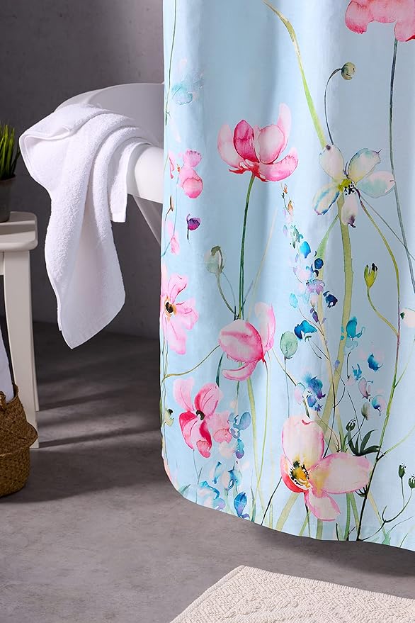 Maison d' Hermine Shower Curtain 100% Cotton One Panel 70"x72" Washable Fabric Shower Curtains for Bathroom, Easy Hanging with 12 Button Holes - Home Hotel Spa Easter Gifts (Delphinium - Cyan)