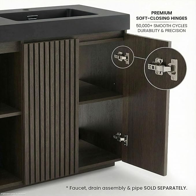 60" Double Bathroom Vanity with Sink Combo, Mid Century Modern Bathroom Cabinet with Doors & Shelves, Black Integrated Sink with Overflow, Smoked Oak
