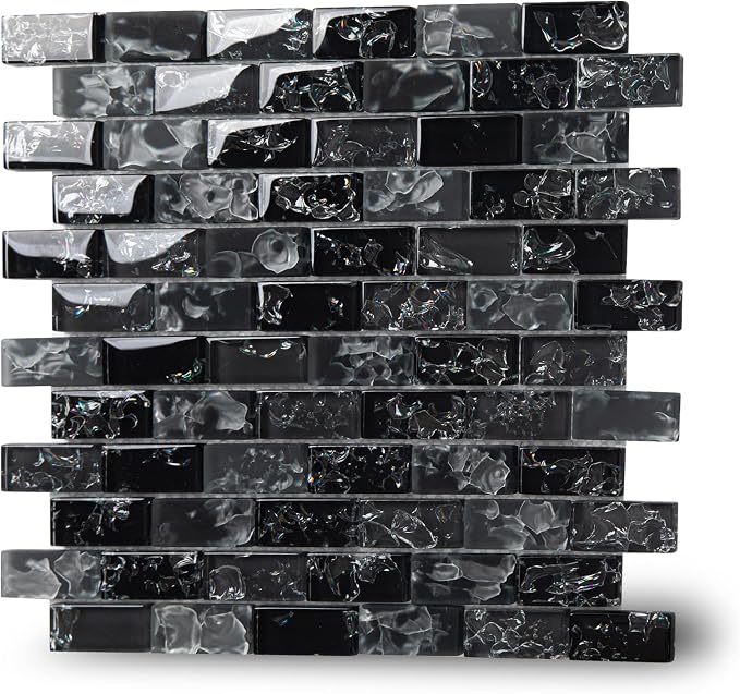 Glass Mosaic Tile Backsplash Black 12 Inch 5 sq.ft | Glass Tiles for Kitchen Backsplash Bathroom and Shower 5-Pack
