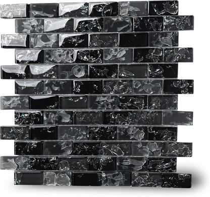 Glass Mosaic Tile Backsplash Black 12 Inch 5 sq.ft | Glass Tiles for Kitchen Backsplash Bathroom and Shower 5-Pack