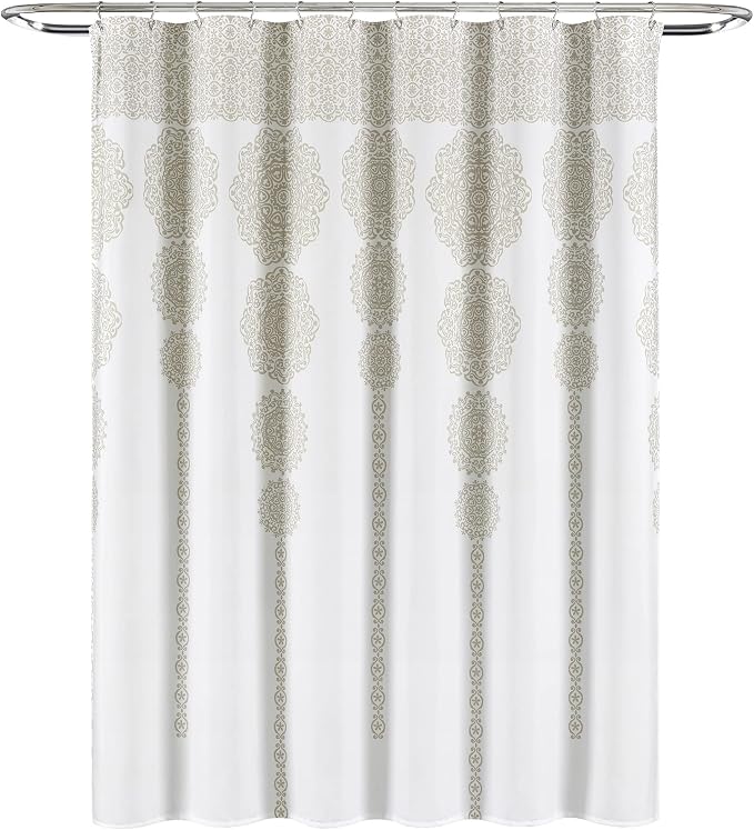 Lush Decor Stripe Medallion Shower Curtain-Fabric Mandala Bohemian Damask Print Design, 72" x 72", Neutral