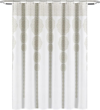 Lush Decor Stripe Medallion Shower Curtain-Fabric Mandala Bohemian Damask Print Design, 72" x 72", Neutral