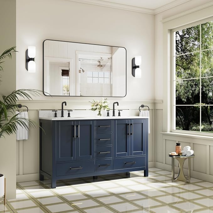 60-Inch Bathroom Vanity with Sink, 4 Soft-Close Doors and 6 Soft-Close Drawers, Bathroom Freestanding Vanity with Cultured Marble Countertop, Navy Blue Vanity with Matte Black Handles