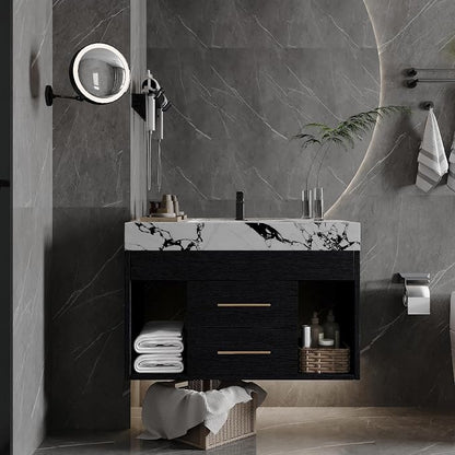 KEIKI 29.9" Bathroom Vanity with Undermount Sink Combo, Modern Floating Vanity Cabinet with 2 Drawers & Open Side Shelves, Storage Wall Mounted Cabinet for Small Space, Black Marbe