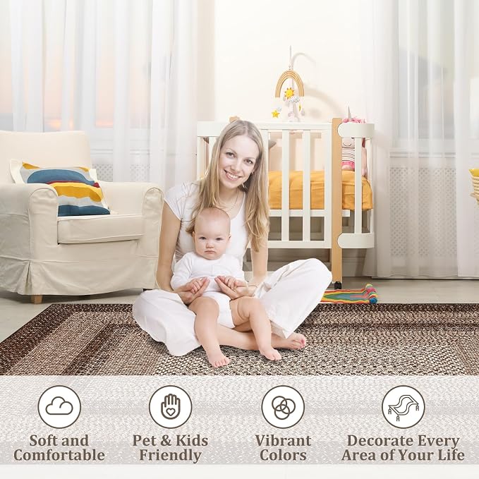 Printed Living Room Rug 3x5 Washable Rug for Bedroom Modern Farmhouse Braid Look Non Slip Small Area Rug Soft Low Pile Stain Resistant Carpet for Office Nursery Dining Room 3'x5'