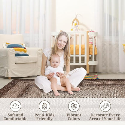 Printed Living Room Rug 3x5 Washable Rug for Bedroom Modern Farmhouse Braid Look Non Slip Small Area Rug Soft Low Pile Stain Resistant Carpet for Office Nursery Dining Room 3'x5'