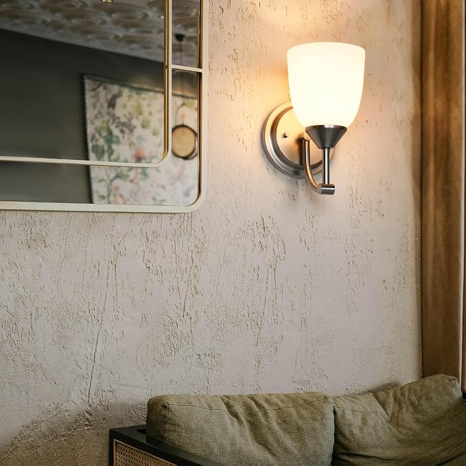 Traditional 1-Light Indoor Wall Sconce with Frosted Glass Bathroom Bedroom Hallway, 9.6" H x 5.5" W, Brushed Nickel