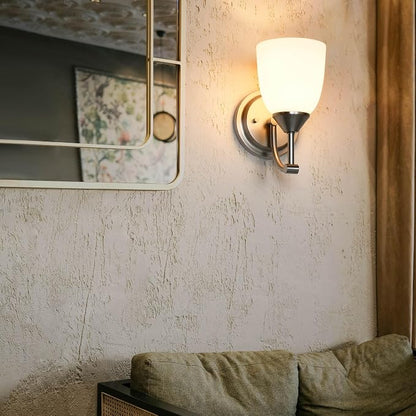 Traditional 1-Light Indoor Wall Sconce with Frosted Glass Bathroom Bedroom Hallway, 9.6" H x 5.5" W, Brushed Nickel