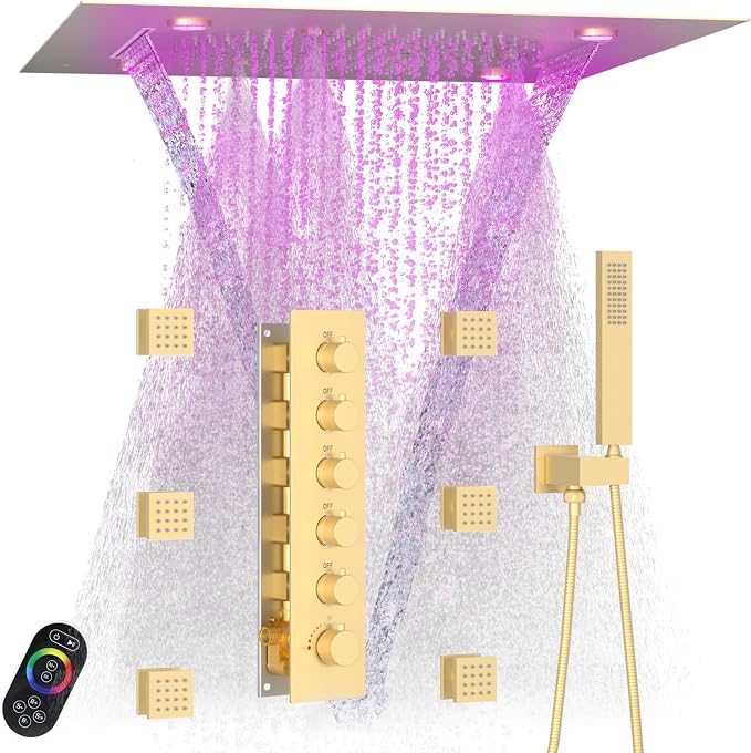 Enga Thermostatic Shower System with Body Jets, 20-Inch LED Rainfall Mist Waterfall Luxury Multi Function Rain Shower Faucet Set, All Functions Can Operate Simultaneously, Brushed Gold