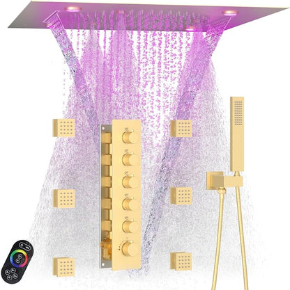 Enga Thermostatic Shower System with Body Jets, 20-Inch LED Rainfall Mist Waterfall Luxury Multi Function Rain Shower Faucet Set, All Functions Can Operate Simultaneously, Brushed Gold