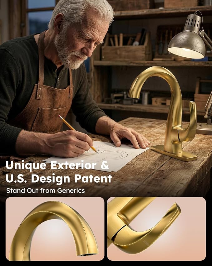 WOWOW Single Handle Bathroom Faucet 1 Hole High Arc Bathroom Basin Faucet Gold with Pop Up Drain, Solid Brass Commercial Bathroom Sink Faucet Basin Vanity Bar Faucet (Patented Product)