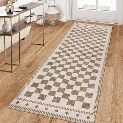 Garvee Washable 2x6 Hallway Runner Non Slip Checkered Beige Entryway Rug | Low Pile Farmhouse Neutral Soft Bath Mat Stain Resistant Carpet for Bedroom Kitchen Laundry 2'x6' Beige