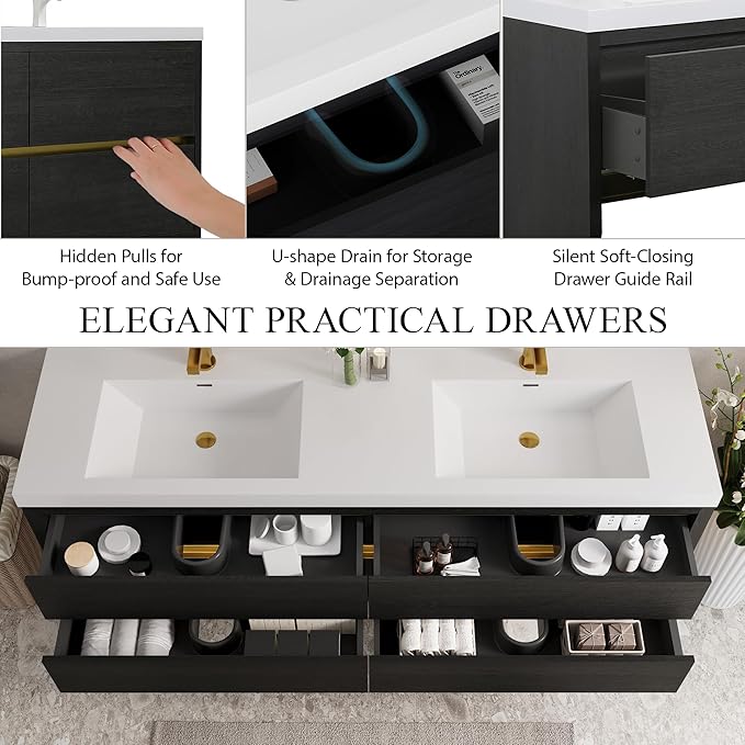 72" Wall-Mounted Bathroom Vanity with Sink | Waterproof Coating, 4 Drawers Floating Cabinet | Stone Resin Countertop & Soft Close Drawers | Modern Storage Solution,Espresso Wood
