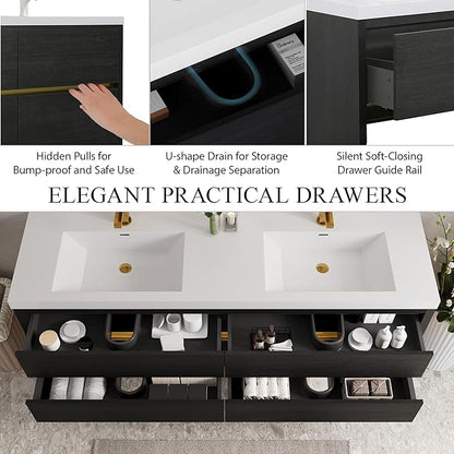72" Wall-Mounted Bathroom Vanity with 2 Sinks, Floating Storage Cabinet with Stone Resin Countertop, 4 Soft Close Drawers, Espresso Wood Finish, Pre-Assembled Base