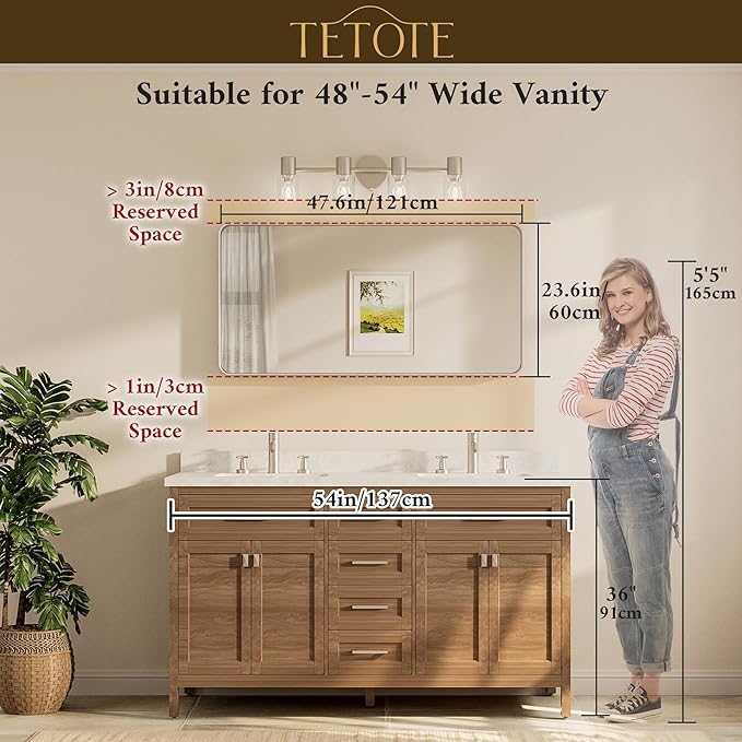 TETOTE 48 x 24 Inch Black Frame Mirror, Bathroom Vanity Mirror for Wall, Modern Rectangle Round Corner Matte Framed Mirror (Horizontal/Vertical)